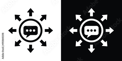 Vector icon of a speech bubble with three dots inside a circle, surrounded by arrows pointing outward. Represents omni-channel communication, broadcast messaging, and feedback distribution.