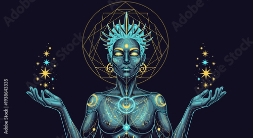 Mystical Woman with Cosmic Aura and Celestial Symbols