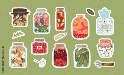 Homemade canning jars sticker set. Glass jars with pickled vegetables, tomatoes, cucumbers, jam and compote. Summer harvest and food preservation concept. Digital illustration.