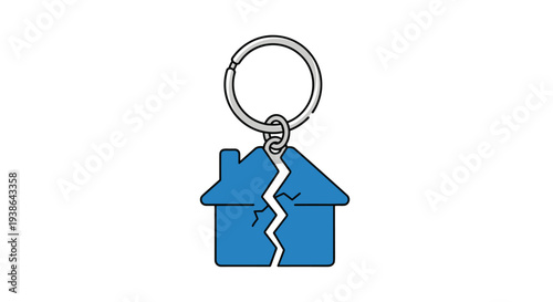 A blue-colored keychain features a small house-shaped charm with a prominent jagged crack running vertically through its center.