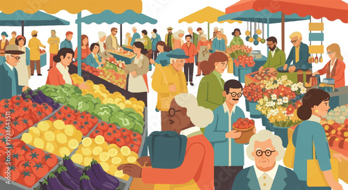 Vibrant farmers market scene with shoppers and produce display