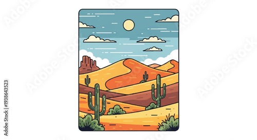 Desert landscape illustration with sand dunes cacti and sky