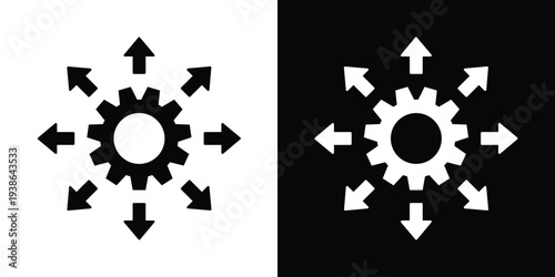Industrial operations and mechanical efficiency icon. A central gear with radiating arrows, symbolizing technical workflow, machinery distribution, engineering, and automated systems.