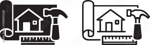 House blueprint hammer renovation icon.