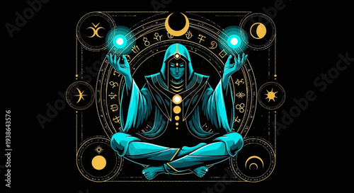 Mystic Wizard Meditating with Cosmic Energy Orbs and Astrology Symbols