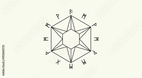 Geometric Hexagram Rune Symbol with Celestial Star and Ancient Alphabet