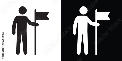 Icon showing a person standing on a podium holding a flag with a checkmark symbol. Represents competition, victory, first place, and validated success in a clean, modern flat design style.