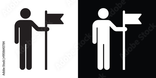 Icon showing a person standing on a podium holding a flag with a checkmark symbol. Represents competition, victory, first place, and validated success in a clean, modern flat design style.