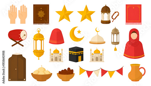 A colorful vector graphic illustration of various Islamic icons and symbols on transparent background