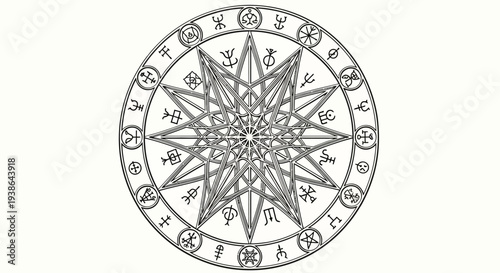 Esoteric Circular Symbol with Mystical Runes and Geometric Star Pattern