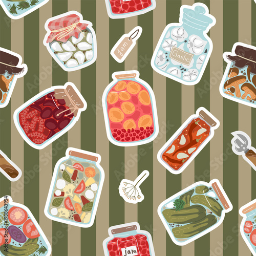Seamless pattern with homemade canning jars. Flat illustration of glass jars filled with preserved vegetables, pickles and jam. Farmhouse food preservation design.
