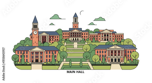 Illustrated campus scene with buildings trees and greenery