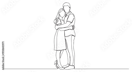Continuous line drawing of a loving couple embracing, symbolizing connection and romantic togetherness in a minimalist style vector illustration