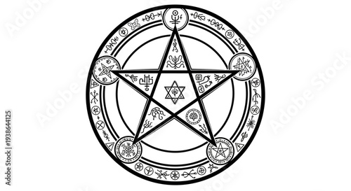 Mystical Pentagram Symbol with Occult Symbols and Runes on White Background