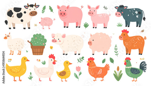 A colorful illustration of various farm animals and plants on a transparent background