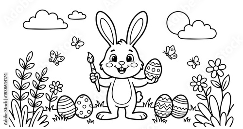 a4 colouring page bunny painting an easter egg. ready to print on standard A4 paper.