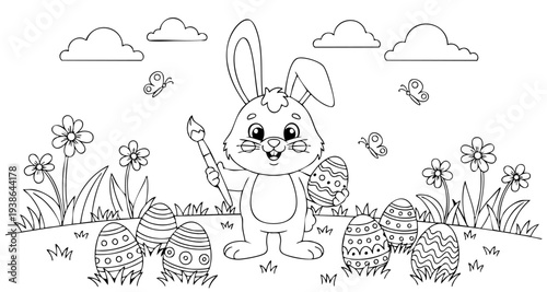 A coloring page of a rabbit painting an Easter egg.