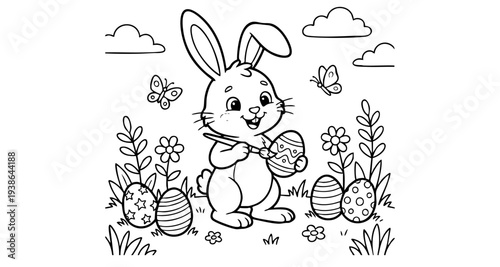 a4 colouring page bunny painting an easter egg. ready to print on standard A4 paper.