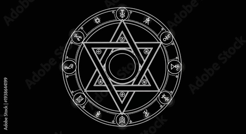 Mystical Pentagram Symbol With Runes and Astrology Signs on Black Background
