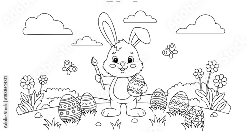 a4 colouring page bunny painting an easter egg. ready to print on standard A4 paper.