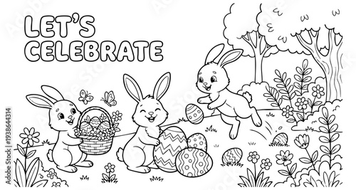 bunny painting easter egg and some flowers, coloring page ready to print on standard 8.5x11 inch paper. eps file.