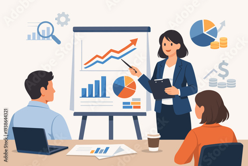 Professional Businesswoman Presenting Financial Data Analysis Report and Economic Research Statistics to Colleagues in a Meeting with Graphs, Charts, and Infographics on a Flip Chart Board.