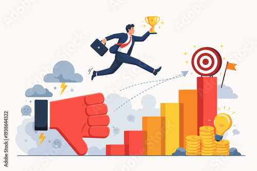 Ambitious businessman jumping over a giant thumbs down hand towards a target and trophy on a rising bar chart. Concept of overcoming negative feedback, criticism, and failure to achieve success.