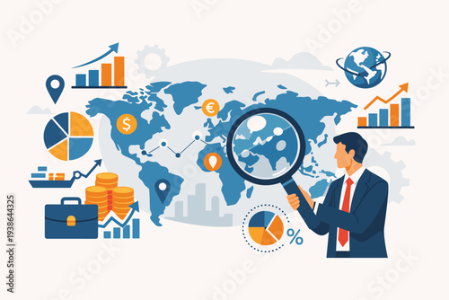 Global world economics analysis and international business research with businessman holding magnifying glass over world map for investment opportunity, financial data visualization and trade growth.