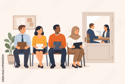 Diverse Job Seekers Waiting for Interview in Office Hallway, Multiethnic Candidates Holding Resumes Sitting in Queue for Recruitment Process, Employment Opportunity and Career Growth Concept
