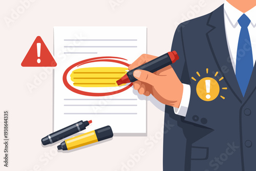 Businessman in a suit highlighting essential words on a document with a red marker. Critical information circled for attention. Warning and alert icons for important notes, legal review, and focus.