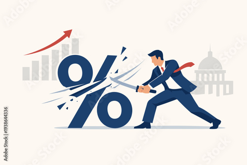 Businessman in Suit Cutting Large Percentage Symbol with Sword to Reduce Inflation and Interest Rates, Concept of Monetary Policy, Central Bank Actions, Federal Reserve, and Economic Growth Strategy