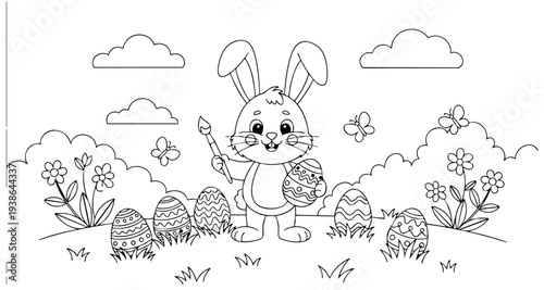 a4 colouring page bunny painting an easter egg. ready to print on standard A4 paper.