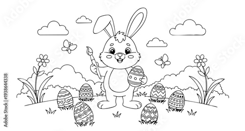 a4 colouring page bunny painting an easter egg. ready to print on standard A4 paper.