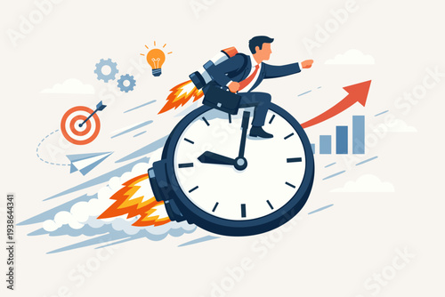 Businessman with Jetpack Riding a Giant Clock for Productivity and Efficiency. Concept of Time Management, Meeting Deadlines, and Business Growth with Gears, Target, and Idea Lightbulb Icons.