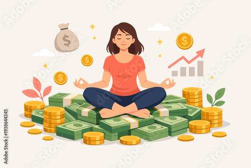 Woman Meditating on a Pile of Cash and Coins, Symbolizing Financial Well-being, Wealth Accumulation, and Successful Investment. Concept of Money Management, Savings, and Financial Freedom.