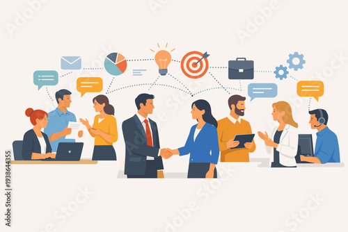 Professional business team collaborating on internal communication and corporate strategy. Diverse office workers shaking hands, networking, and sharing ideas for company growth and success.