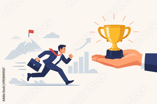 Businessman running towards a gold trophy held by a giant hand, symbolizing motivation to achieve goals, career success, employee rewards, ambition, and professional growth in business.