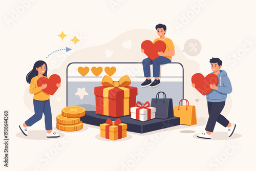 Loyalty Program Concept with Happy People Holding Hearts, Gift Boxes, Shopping Bags, and Coins Around a Reward Card for Customer Appreciation, Bonus Points, and Discount Promotion Illustration.
