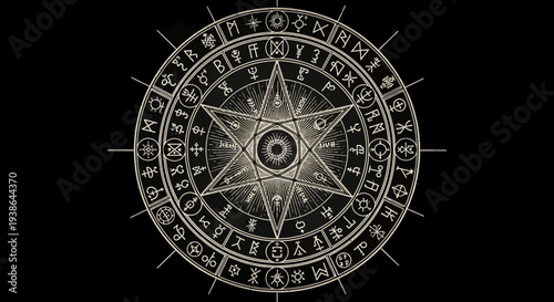 Esoteric Mystical Circle with Symbols and Pentagram on Black Background