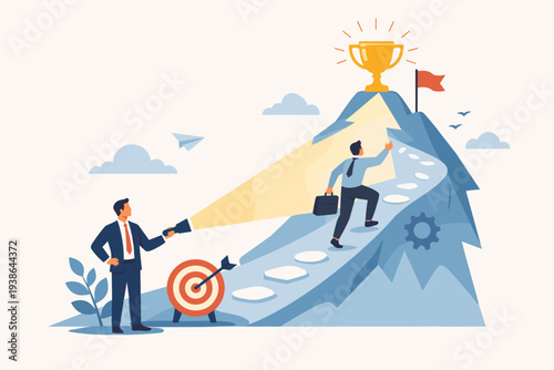 Mentorship and Manager Support for Employee Career Success, Business Leader Guiding Professional Growth with Flashlight on Mountain Path to Achievement Trophy, Leadership Coaching and Guidance.