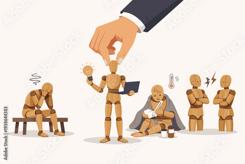 Human Resources Concept with Hand Selecting Talented Employee with Lightbulb and Laptop while Others Suffer from Stress, Illness, and Conflict, Representing Workplace Management and Care.