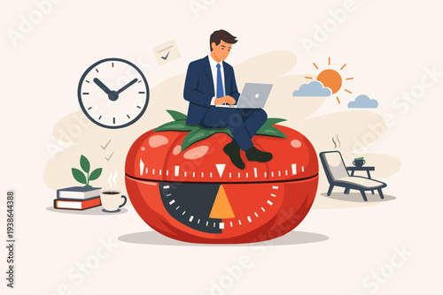 Businessman sitting on a giant tomato timer using a laptop, illustrating the Pomodoro technique for time management, productivity, and focus with scheduled work intervals and rest periods.