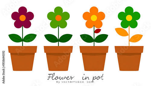 A colorful vector illustration of four flowers in pots on a transparent background