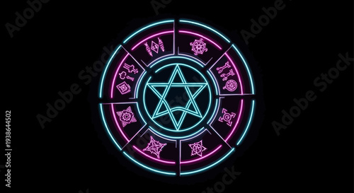 Mystical Neon Circle with Symbols and Star