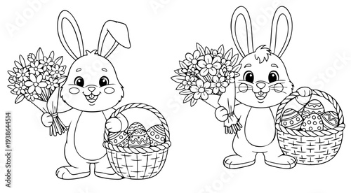 Black and white line art of a cute easter bunny holding a decorated egg and a paintbrush for kids coloring activity and holiday craft.