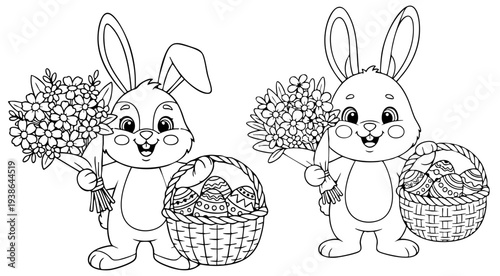Black and white line art of a cute easter bunny holding a decorated egg and a paintbrush for kids coloring activity and holiday craft.