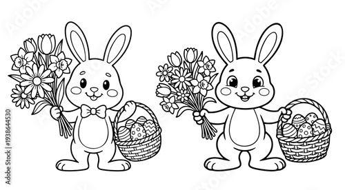 bunny painting easter egg and some flowers, coloring page ready to print on standard 8.5x11 inch paper. eps file.