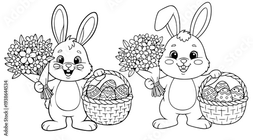 Black and white line art of a cute easter bunny holding a decorated egg and a paintbrush for kids coloring activity and holiday craft.
