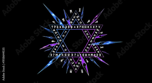 Mystical Star Hexagram with Ancient Runes and Energy Burst