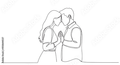Continuous line art illustration of a loving couple holding hands, symbolizing connection and togetherness in a romantic relationship